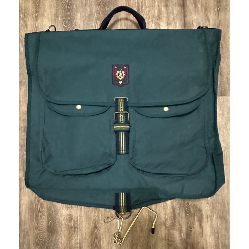 VTG Polo Ralph Lauren Green Hanging Garnet Bag Brown Stripe Logo 90s Canvas